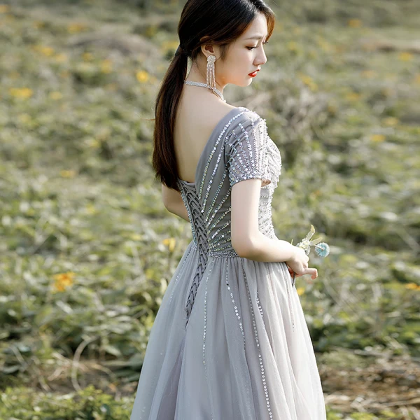 Chic / Beautiful Grey Prom Dresses 2022 A-Line / Princess V-Neck Beading Sequins Short Sleeve Backless Floor-Length / Long Prom Formal Dresses
