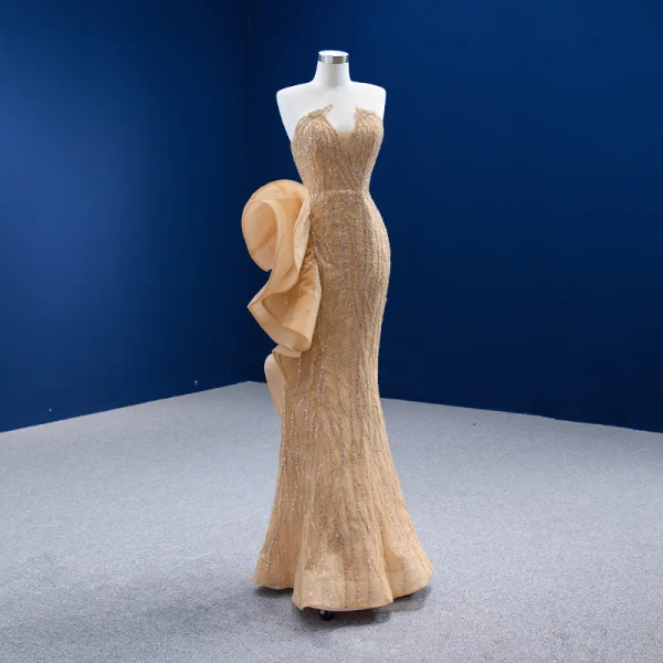 Haut de Gamme Champagne Robe De Soirée 2022 Trompette / Sirène Bustier Perlage Paillettes Sans Manches Dos Nu Longue Soirée Robe De Ceremonie