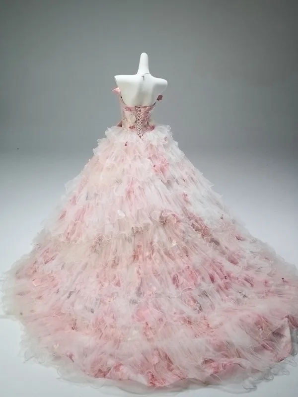 Luxury / Gorgeous Flower Fairy Blushing Pink Handmade  Pearl Rhinestone Appliques Cascading Ruffles Prom Dresses 2025 Ball Gown Strapless Sleeveless Backless Chapel Train