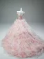 Luxury / Gorgeous Flower Fairy Blushing Pink Handmade  Pearl Rhinestone Appliques Cascading Ruffles Prom Dresses 2025 Ball Gown Strapless Sleeveless Backless Chapel Train