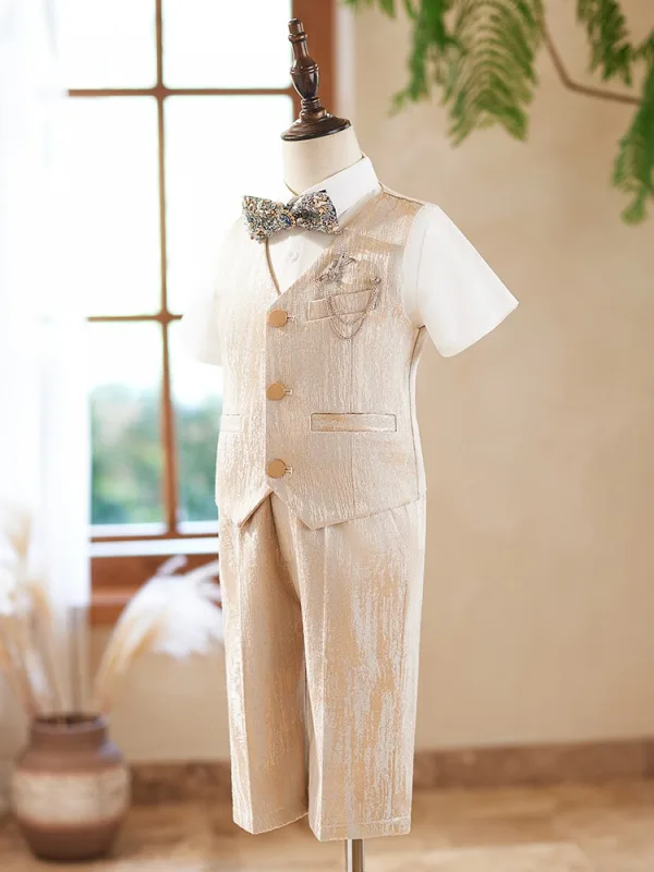 Fashion Khaki 5-piece Short Sleeve Boys Wedding Suits 2024 Body Jewellery Pants Shirt Vest