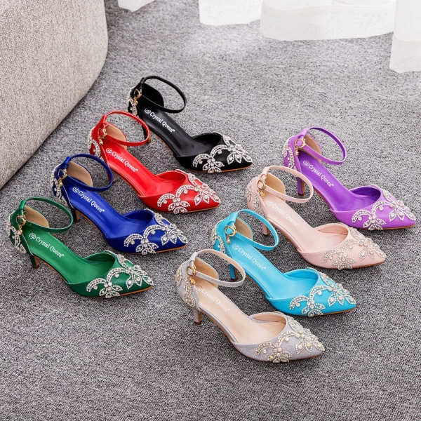 Sexy Silber Strass Brautschuhe 2023 7 cm Stilettos Knöchelriemen Spitzschuh Hochzeit Sandaletten Hochhackige