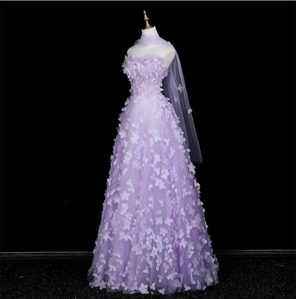 Flower Fairy Lavender Appliques Prom Dresses 2025 A-Line / Princess Strapless Sleeveless Backless Floor-Length / Long Formal Dresses