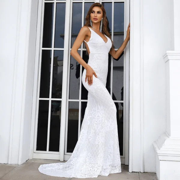 Sexy Vert Citron Paillettes Été Robe De Soirée 2022 Trompette / Sirène Bretelles Spaghetti Sans Manches Dos Nu Train De Balayage Soirée Robe De Ceremonie