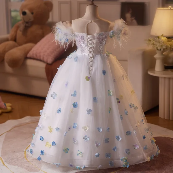 Lovely White Beading Appliques Tassel Birthday Flower Girl Dresses 2025 Ball Gown Scoop Neck Short Sleeve Backless Floor-Length / Long