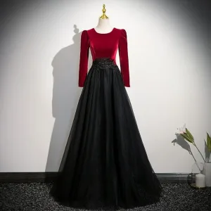 Vintage Retro Burgundy Beading Velvet Prom Dresses 2025 A Line Princess Scoop Neck Long Sleeve Floor Length Long Formal Dresses