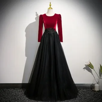 Vintage Originale Bordeaux Perlage Velours Robe De Bal 2025 Princesse Encolure Dégagée Manches Longues Longue Robe De Ceremonie