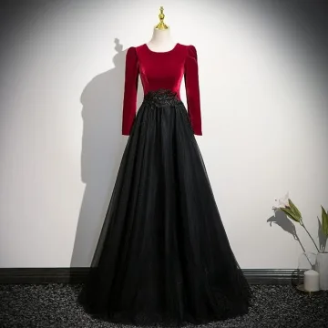 Vintage Retro Burgundy Beading Velvet Prom Dresses 2025 A Line Princess Scoop Neck Long Sleeve Floor Length Long Formal Dresses