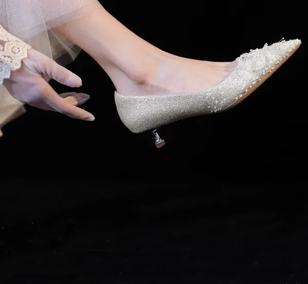 Bling Bling Champagne Perlage Paillettes Chaussure De Mariée 2023 Cuir 3 cm Talons Aiguilles Talon Bas À Bout Pointu Mariage Escarpins Talons Hauts