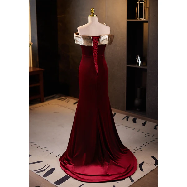 Charmant Bordeaux Velours Robe De Bal 2023 Trompette / Sirène Une épaule Noeud Sans Manches Dos Nu Train De Balayage Promo Robe De Ceremonie
