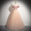 Elegant Champagne Beading Pearl Prom Dresses 2024 Ball Gown Ruffle Off-The-Shoulder Sleeveless Backless Floor-Length / Long Prom Formal Dresses
