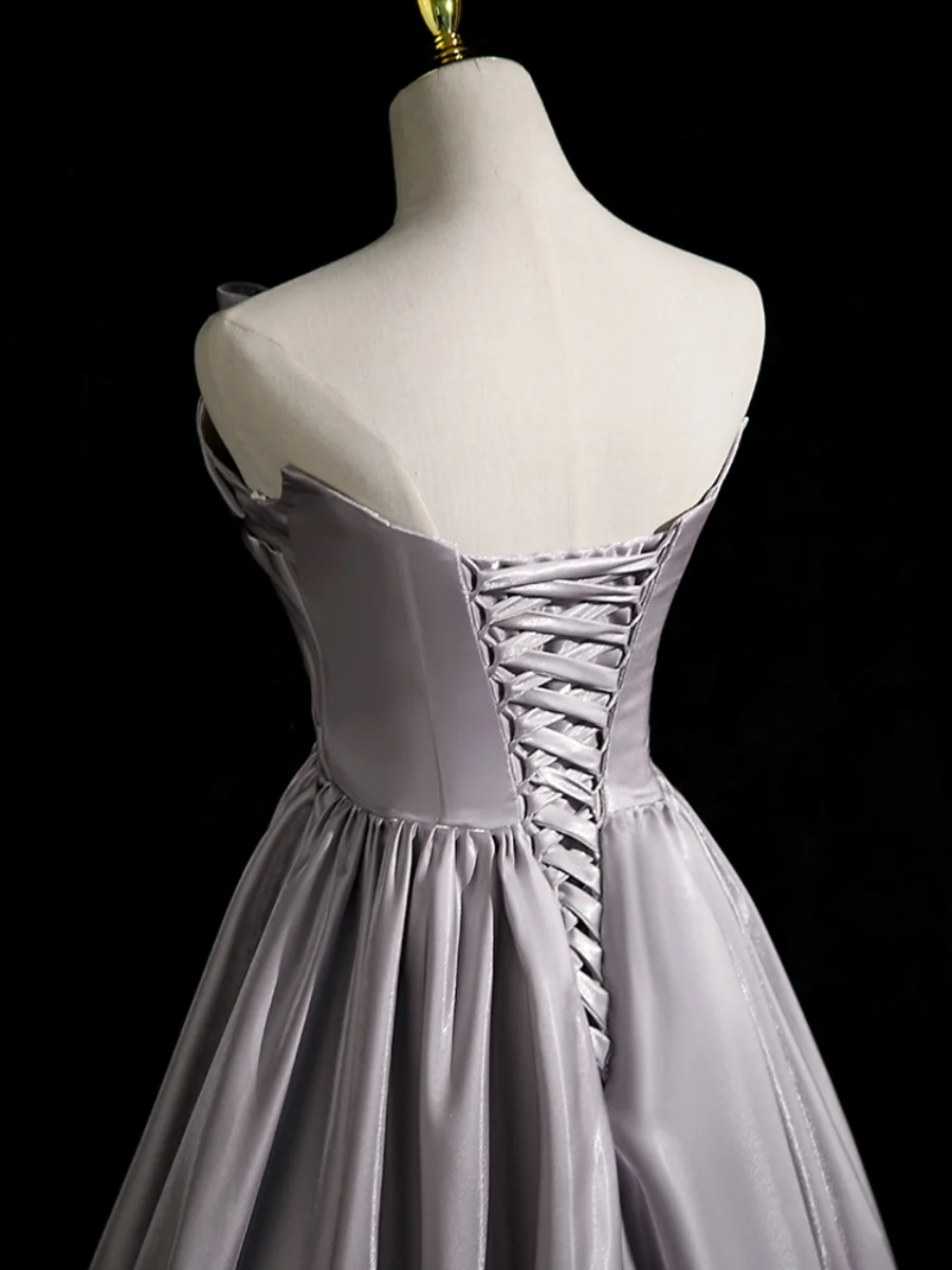 Modest Simple Grey Satin Evening Dresses 2023 A-Line Princess Strapless Sleeveless Long