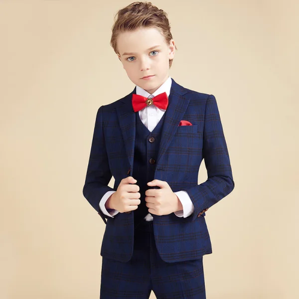 Fashion Navy Blue Plaid Long Sleeve Boys Wedding Suits 2023 6-piece Coat Pants Shirt Tie Vest Wedding