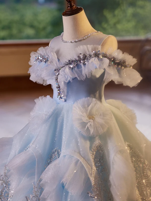 Chic / Beautiful Sky Blue Cascading Ruffles Rhinestone Sequins Birthday Flower Girl Dresses 2024 Ball Gown Scoop Neck Short Sleeve Backless Floor-Length / Long