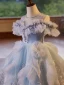 Chic / Beautiful Sky Blue Cascading Ruffles Rhinestone Sequins Birthday Flower Girl Dresses 2024 Ball Gown Scoop Neck Short Sleeve Backless Floor-Length / Long