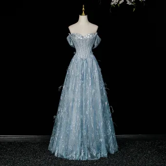 Sexy Mode Bleu Ciel Perlage Paillettes Plumes Robe De Soirée 2026 Princesse Bustier Sans Manches Dos Nu Longue Robe De Ceremonie