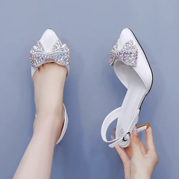 Charming White Rhinestone Bow Evening Party Womens Sandals 2026 6 cm Stiletto Heels Pointed Toe Sandals High Heels