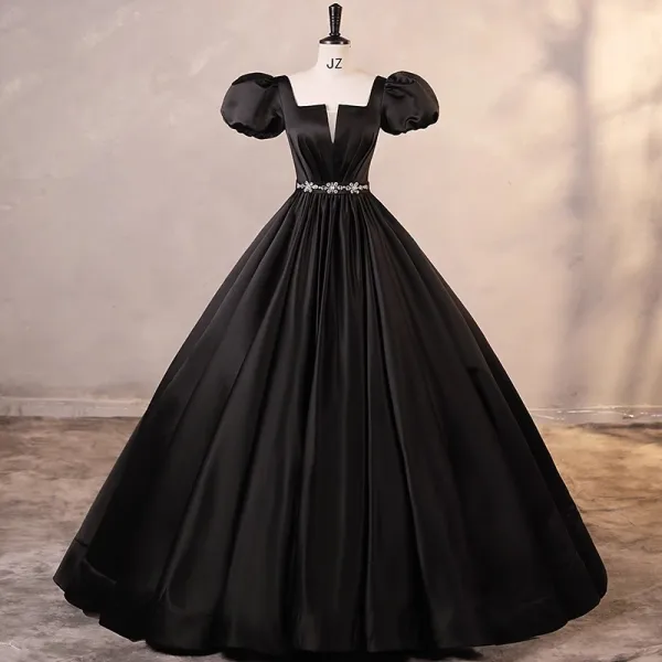 Elegant Burgundy Satin Prom Dresses 2023 Ball Gown Square Neckline Puffy Short Sleeve Backless Rhinestone Sash Floor-Length / Long Prom Formal Dresses