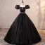Elegant Burgundy Satin Prom Dresses 2023 Ball Gown Square Neckline Puffy Short Sleeve Backless Rhinestone Sash Floor-Length / Long Prom Formal Dresses