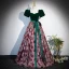 Vintage / Retro Dark Green Printing Prom Dresses 2024 Ball Gown Square Neckline Bow Sash Short Sleeve Backless Floor-Length / Long Prom Formal Dresses