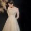 Sparkly Champagne Beading Glitter Prom Dresses 2022 A-Line / Princess Spaghetti Straps Short Sleeve Backless Floor-Length / Long Prom Formal Dresses