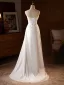 Schöne Weiß Spitze Blumen Applikationen Satin Leichtes Brautkleider / Hochzeitskleider 2025 A Linie Spaghettiträger Ärmellos Rückenfreies Sweep / Pinsel Zug Hochzeit