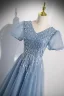 Chic / Beautiful Sky Blue Beading Sequins Prom Dresses 2022 A-Line / Princess V-Neck Puffy Short Sleeve Backless Floor-Length / Long Formal Dresses