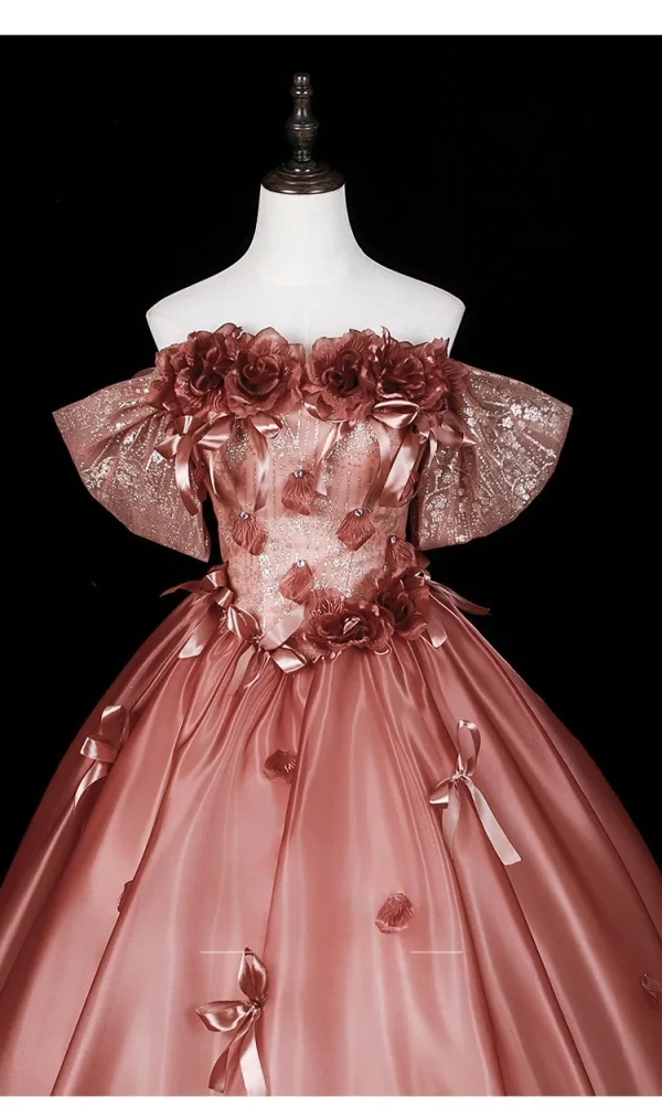 Dreamy Rose Gold Sequins Bow Appliques Prom Dresses 2026 Ball Gown Off-The-Shoulder Short Sleeve Backless
