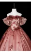 Dreamy Rose Gold Sequins Bow Appliques Prom Dresses 2026 Ball Gown Off-The-Shoulder Short Sleeve Backless