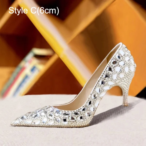 Sexy White Rhinestone Leather Wedding Shoes 2023 11 cm Stiletto Heels Pointed Toe Wedding Pumps High Heels