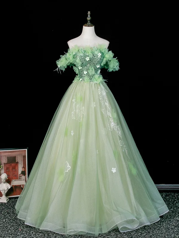Fée Des Fleurs Vert Cendré Appliques Perlage En Dentelle Fleur Paillettes Robe De Bal 2026 Robe Boule De l'épaule Manches Courtes Dos Nu