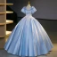 Elegant Sky Blue Satin Beading Pearl Lace Flower Prom Dresses 2023 Ball Gown Square Neckline Puffy Short Sleeve Bow Backless Floor-Length / Long