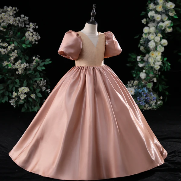Chic / Beautiful Blushing Pink Satin Flower Girl Dresses 2022 Ball Gown V-Neck Puffy Short Sleeve Backless Floor-Length / Long Prom Flower Girl Dresses