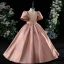 Chic / Beautiful Blushing Pink Satin Flower Girl Dresses 2022 Ball Gown V-Neck Puffy Short Sleeve Backless Floor-Length / Long Prom Flower Girl Dresses