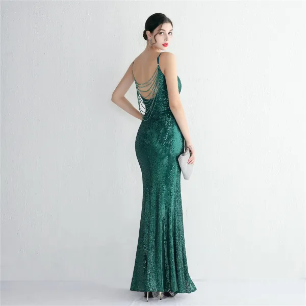 Sexy Blanche Perlage Paillettes Fendue devant Robe De Soirée 2024 Trompette / Sirène Bretelles Spaghetti Sans Manches Dos Nu Longue Soirée Robe De Ceremonie