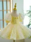 Chic / Beautiful Yellow Short Beading Sequins Birthday Flower Girl Dresses 2023 Ball Gown Scoop Neck Puffy Short Sleeve Flower Girl Dresses