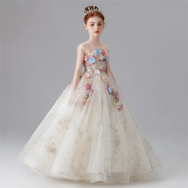 Flower Fairy White Beading Sequins Pearl Lace Flower Appliques Birthday Flower Girl Dresses 2025 Ball Gown Scoop Neck Sleeveless Floor-Length / Long