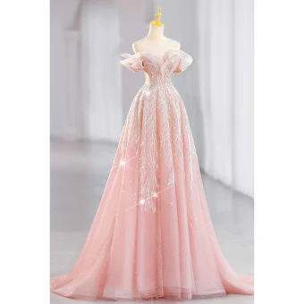 Sparkly Candy Pink Beading Sequins Prom Dresses 2023 A Line Princess Off The Shoulder Sleeveless Backless Sweep Train Prom Formal Dresses
