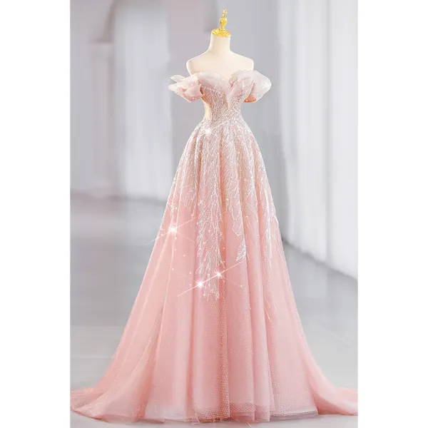Backless Pale Pink Ball Gown Ruffle Tulle Bottom Prom Gown,Formal Long Dress,GDC1096