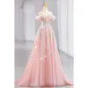 Sparkly Candy Pink Beading Sequins Prom Dresses 2023 A-Line / Princess Off-The-Shoulder Sleeveless Backless Sweep Train Prom Formal Dresses