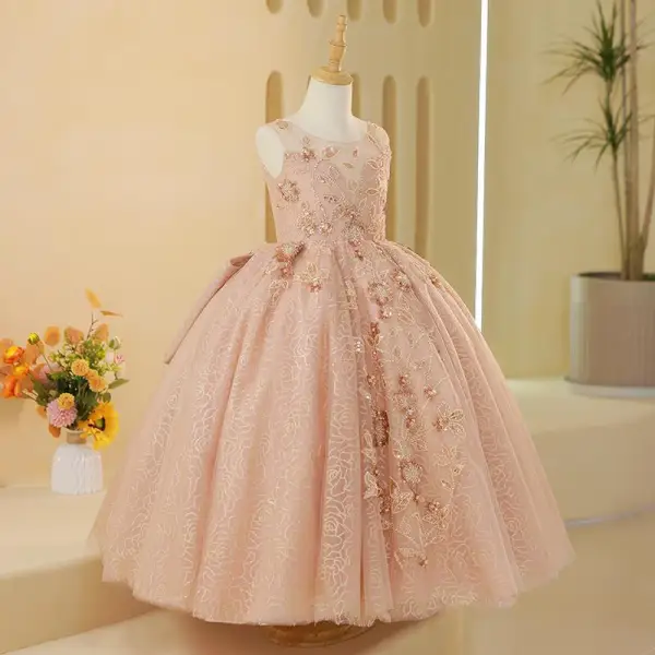 Chic / Beautiful Champagne Beading Sequins Birthday Flower Girl Dresses 2024 Ball Gown Scoop Neck Sleeveless Backless Floor-Length / Long