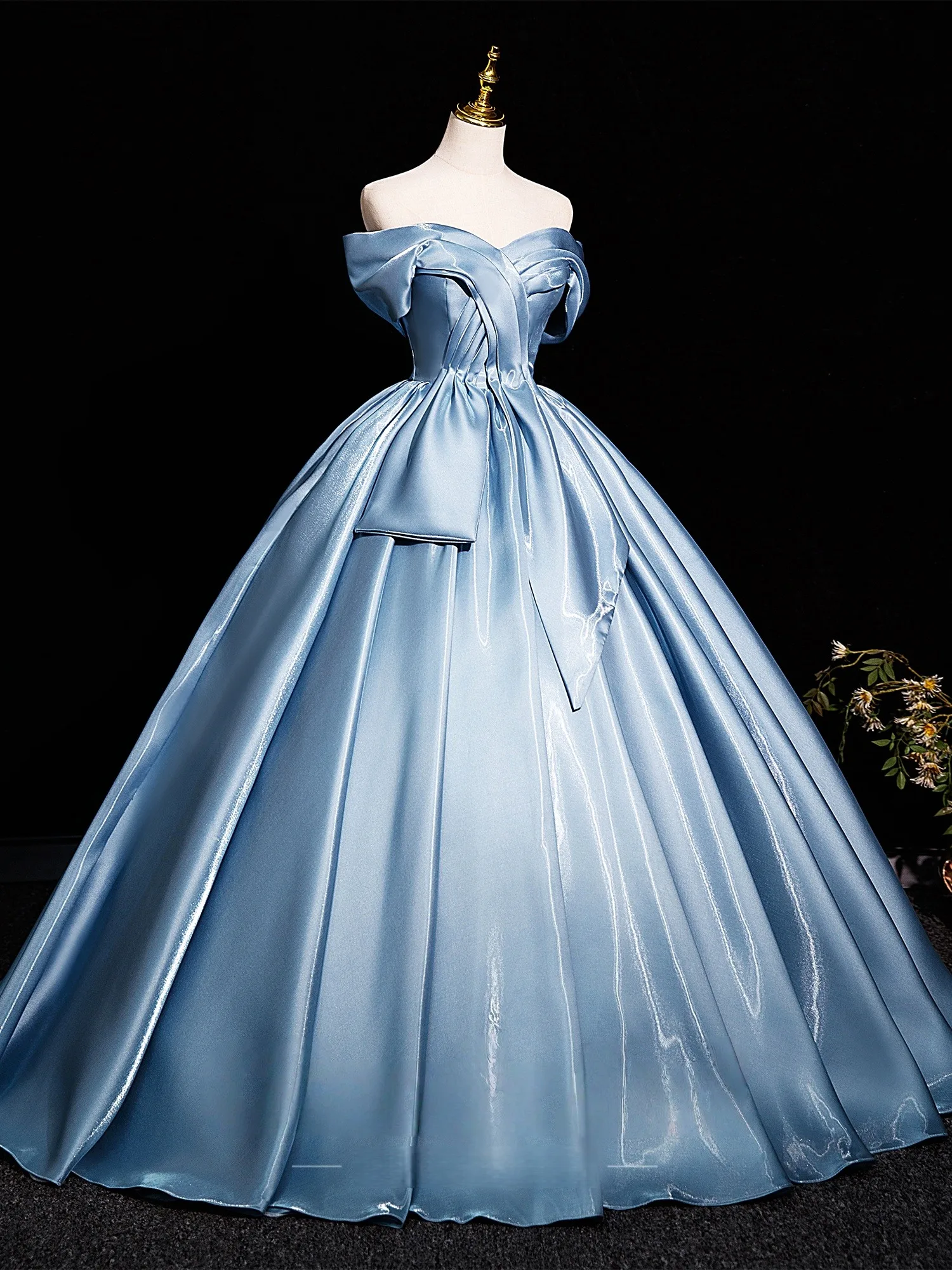 Elegant Sky Blue Satin Prom Dresses 2025 Ball Gown Off-The-Shoulder Short Sleeve Long Elegant Sky Blue Satin Prom Dresses 2025 Ball Gown Off-The-Shoulder Short Sleeve Long