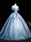 Elegant Sky Blue Satin Prom Dresses 2025 Ball Gown Off-The-Shoulder Short Sleeve Backless Floor-Length / Long Prom Formal Dresses