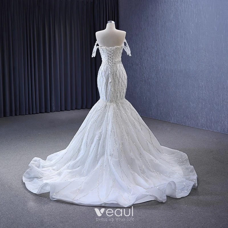 Strapless White/Ivory Satin Mermaid Wedding Dress Bow Train Custom Bridal  Gown 