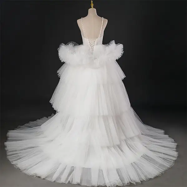 Light Ivory Cascading Ruffles Pierced Wedding Dresses 2022 Ball Gown Spaghetti Straps Pearl Sleeveless Backless Floor-Length / Long Wedding
