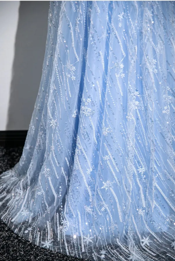 Bling Bling Himmelblau Perlenstickerei Pailletten Ballkleider 2025 A Linie Neckholder Ärmellos Rückenfreies Lange Ball Festliche Kleider