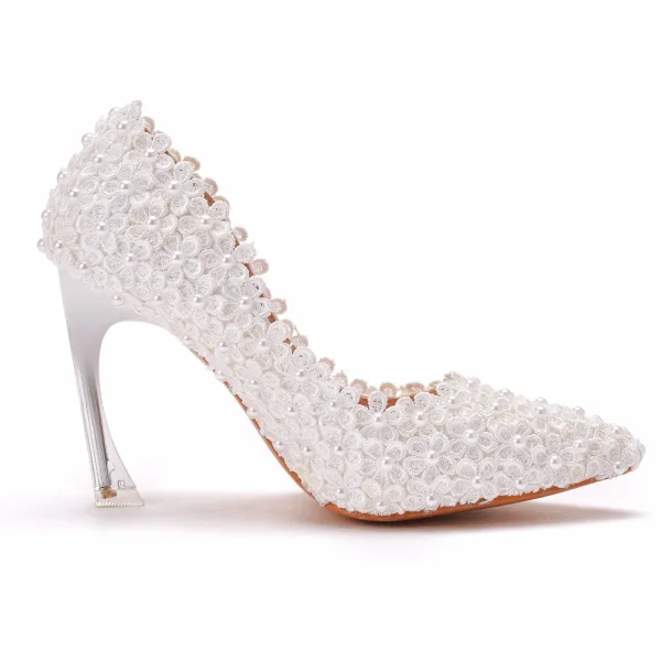 Elegant White Lace Flower Wedding Shoes 2022 Wedding Pearl 9 cm Stiletto Heels Pointed Toe Pumps High Heels