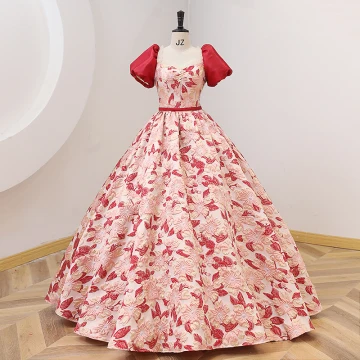 Élégant Rouge Impression Robe De Bal 2022 Robe Boule Encolure Carrée Gonflée Manches Courtes Dos Nu Ceinture Longue Promo Robe De Ceremonie
