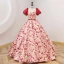 Elegant Red Printing Prom Dresses 2022 Ball Gown Square Neckline Puffy Short Sleeve Backless Sash Floor-Length / Long Prom Formal Dresses