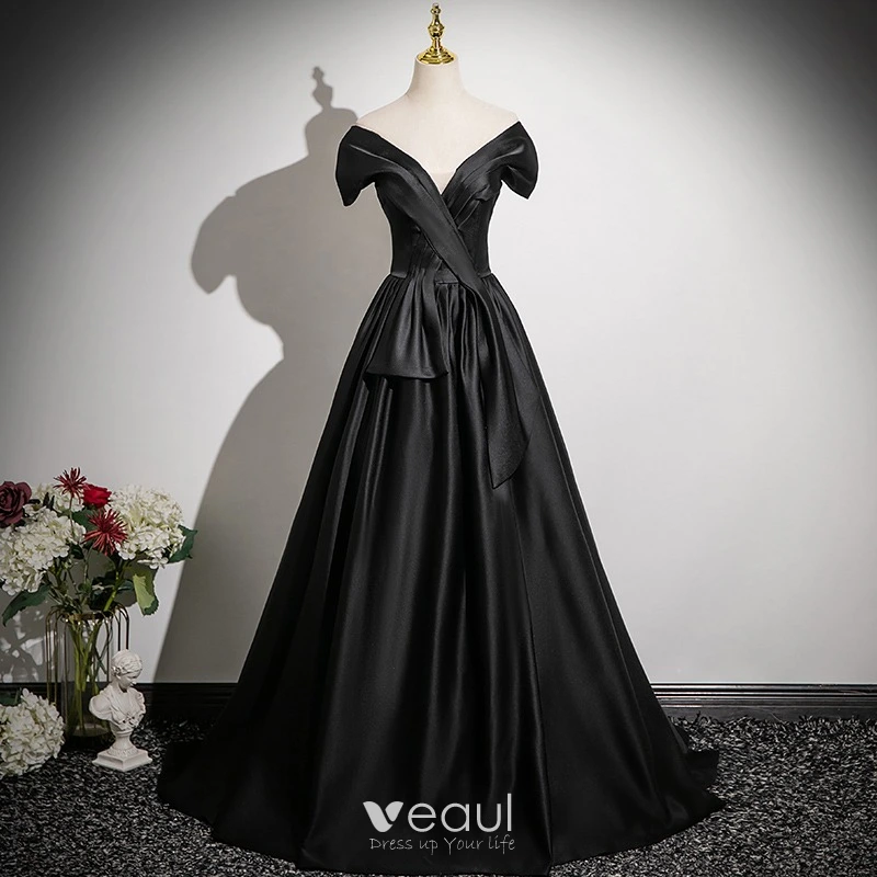 Elegant Black Satin Prom Dresses 2025 A-Line / Princess Off-The-Shoulder  Short Sleeve Backless Floor-Length / Long Prom Formal Dresses